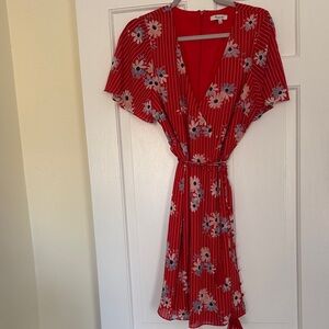 Red Floral Wrap Dress with Tie Waist